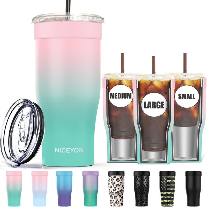 Niceyos Universal Iced Coffee Sleeve - Upgraded Double Wall Reusable Stainless Steel Holder Sleeves Insulator for Cold Drinks Fits Starbucks Dunkin Donuts McDonalds Small Medium Large Cup (Pink Green) - Image 1